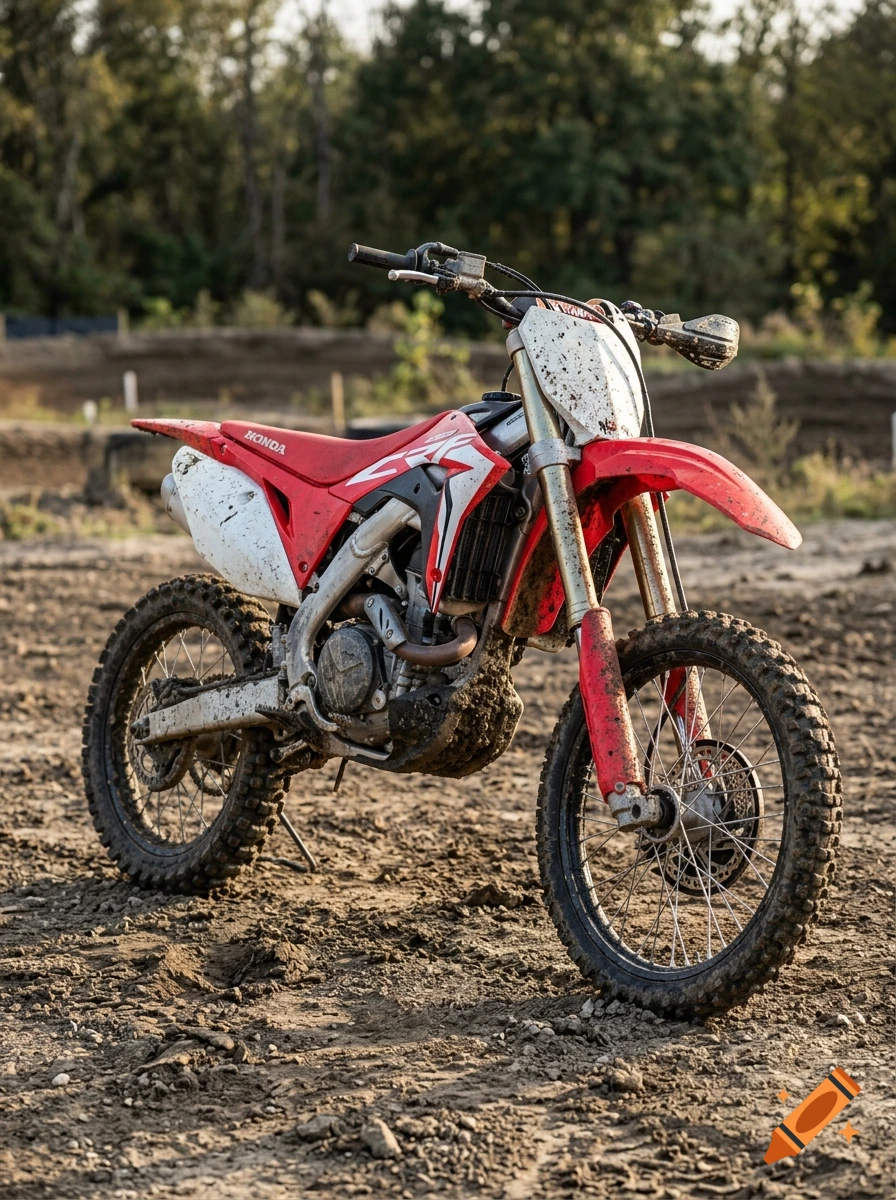 Photorealistic image of a red and white dirt bike parked on dirt at a motocross track.