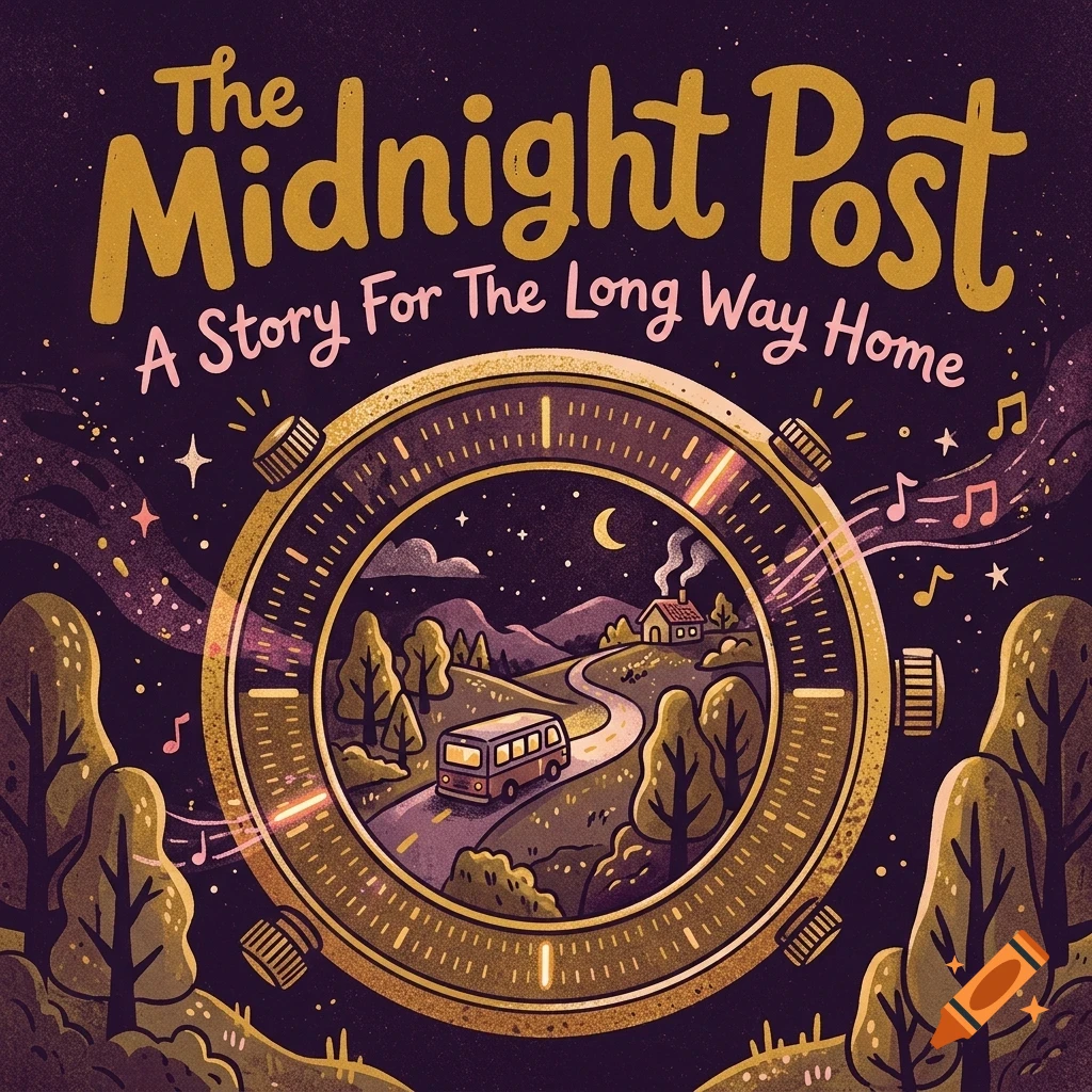 An illustrated book cover titled The Midnight Post, featuring a bus traveling on a winding road through a landscape inside a clock face, surrounded by trees and musical notes against a dark night sky.