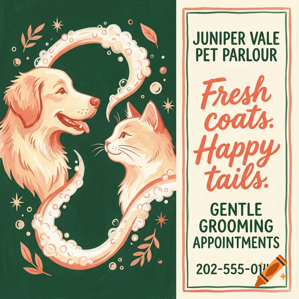 An illustrated poster for Juniper Vale Pet Parlour featuring a dog and cat surrounded by suds and bubbles on a dark green background next to a cream panel with text.