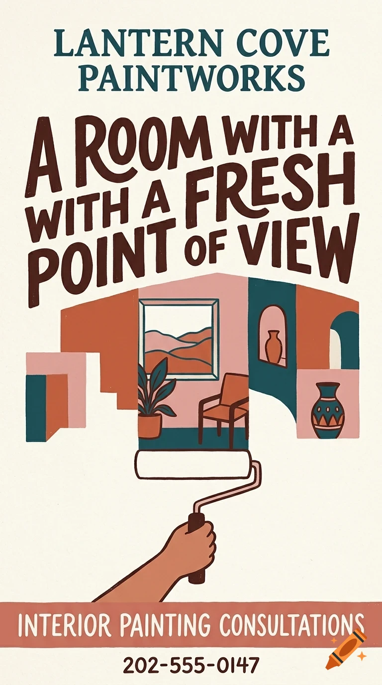 An illustrated poster with a hand holding a paint roller revealing a colorful interior room, accompanied by text.