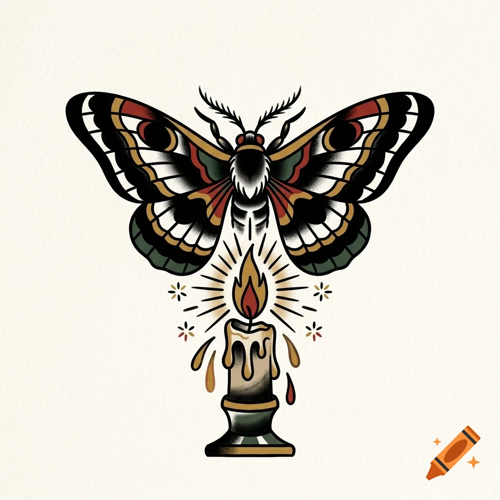 An illustrated traditional tattoo design featuring a moth above a burning candle.