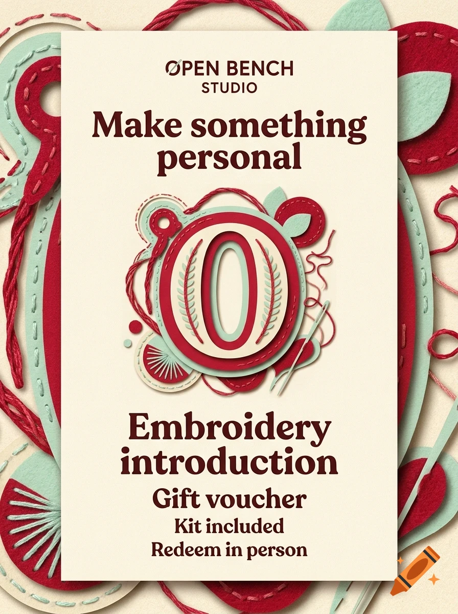 An embroidery gift voucher featuring stitched designs, layered red and teal felt elements, and the text Open Bench Studio and Embroidery introduction.