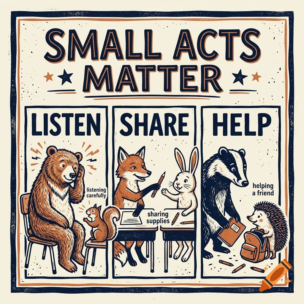 An illustration with the text 'SMALL ACTS MATTER' and three panels demonstrating listening, sharing, and helping among various forest animals.