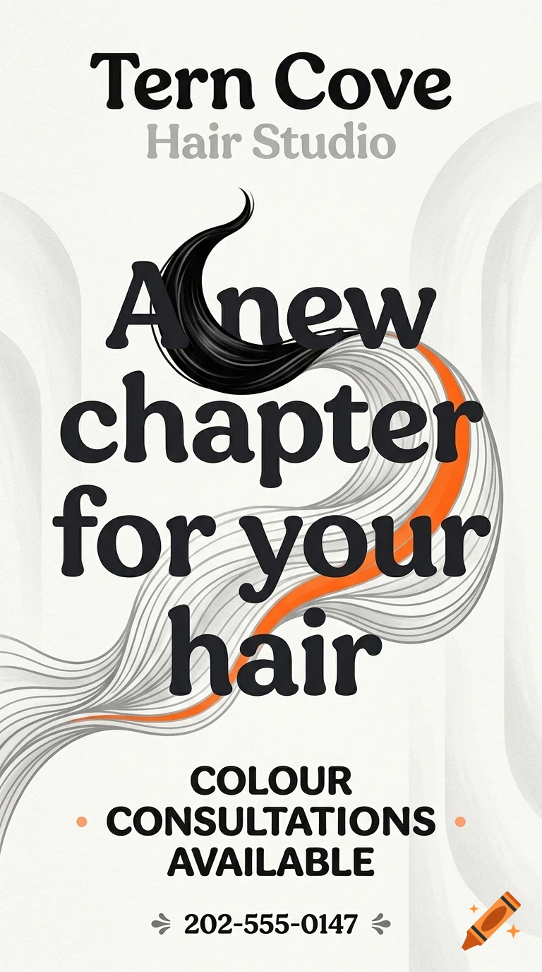An advertisement for Tern Cove Hair Studio featuring stylized black and grey hair graphics and bold typography reading A new chapter for your hair.