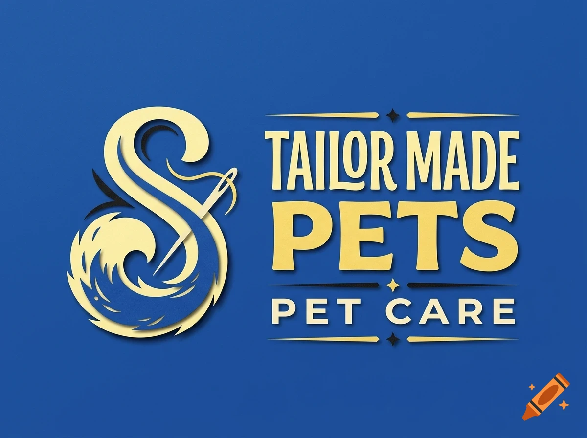 A logo featuring stylized lettering reading 'TAILOR MADE PETS PET CARE' alongside a needle and thread motif on a blue background.
