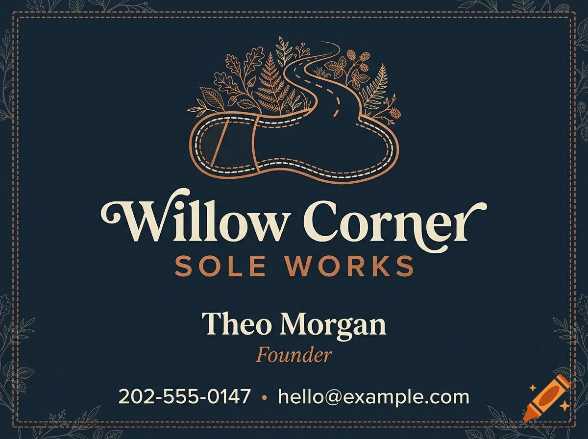 A business card design for Willow Corner Sole Works featuring a shoe outline with a winding road and foliage, text reading Willow Corner SOLE WORKS, Theo Morgan Founder, phone number 202-555-0147, and email hello@example.com on a dark background.