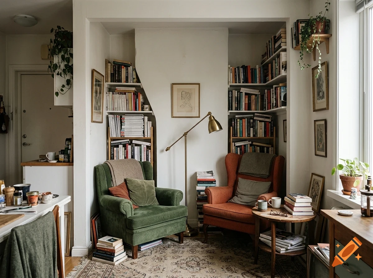 A cozy living room corner featuring a green armchair, an orange armchair, built-in bookshelves filled with books, a floor lamp, and stacks of books.