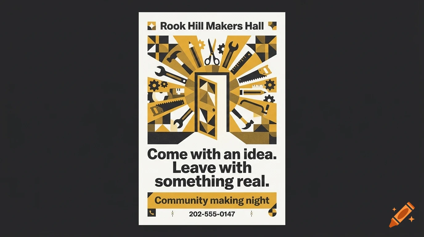 A poster for Rook Hill Makers Hall featuring geometric patterns, various tools radiating from an open door, and the text Come with an idea. Leave with something real.