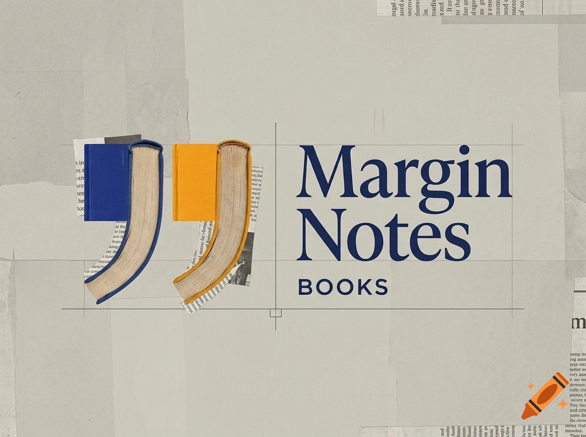 A graphic design featuring two quotation marks shaped like books beside the text Margin Notes BOOKS.