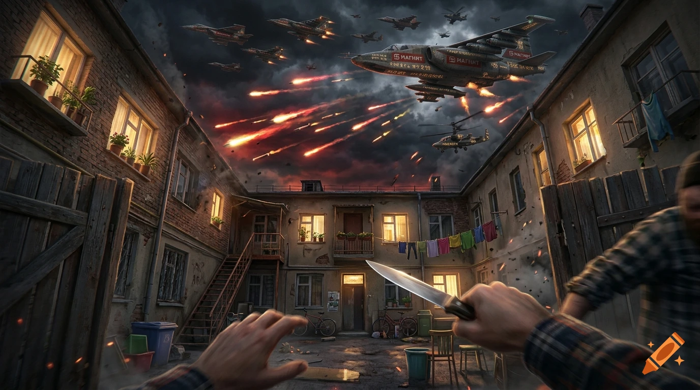 First-person view of a person holding a knife in a courtyard while fighter jets launch missiles in a dark sky.