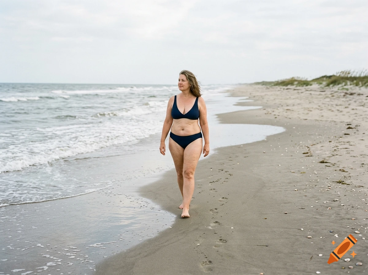 Photorealistic image of a mature woman in a dark bikini walking along an empty sandy beach with gentle waves.