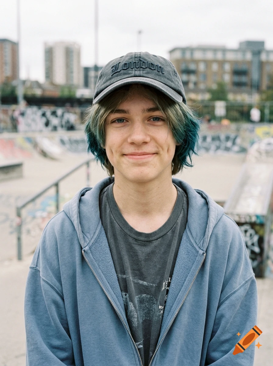 Photorealistic portrait of a young teenager with teal-tipped hair, dimples, a grey hoodie, and a baseball cap reading London at a skatepark.