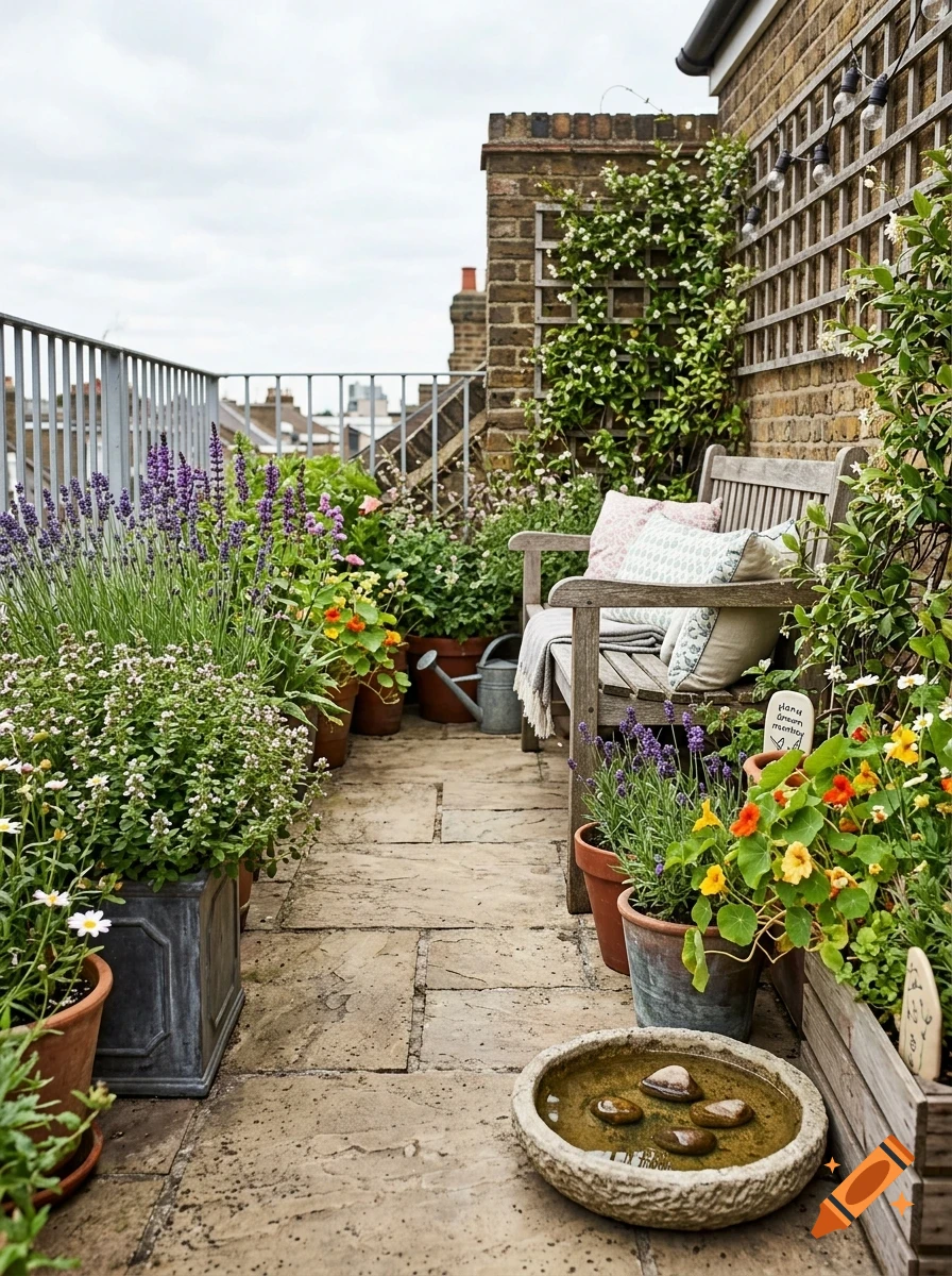 A rooftop terrace garden with potted plants, flowers, a wooden bench, and a stone birdbath on a paved floor.