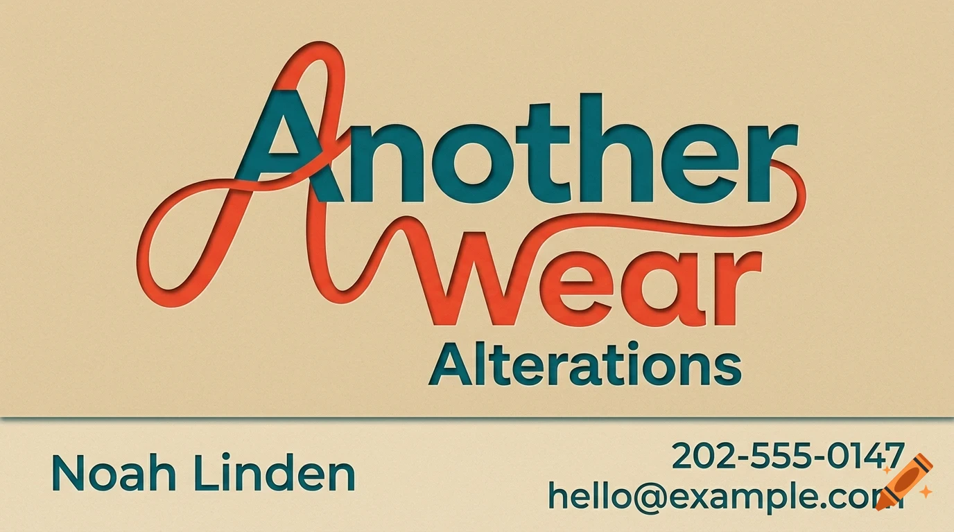 A business card with the stylized text Another Wear Alterations, Noah Linden, and contact details.