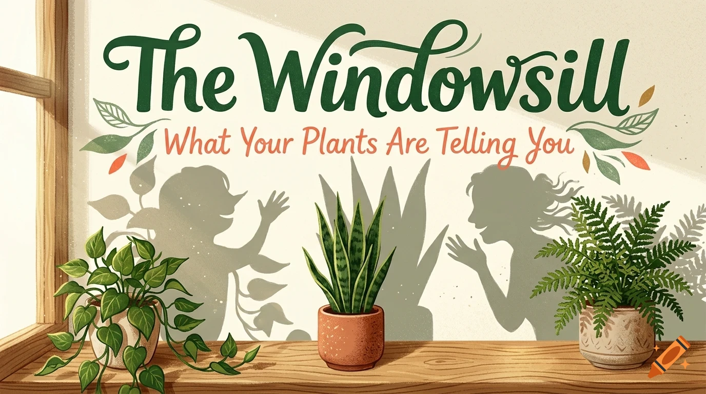 An illustration of three potted plants on a wooden windowsill with the text The Windowsill and What Your Plants Are Telling You above them.