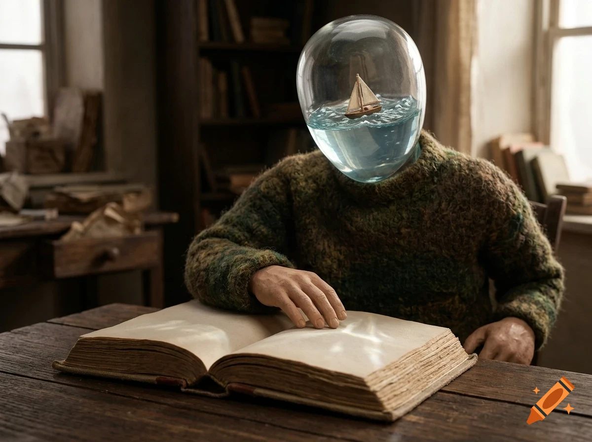 A surreal figure with a glass helmet filled with water and a tiny sailboat, sitting at a wooden desk with an open book.