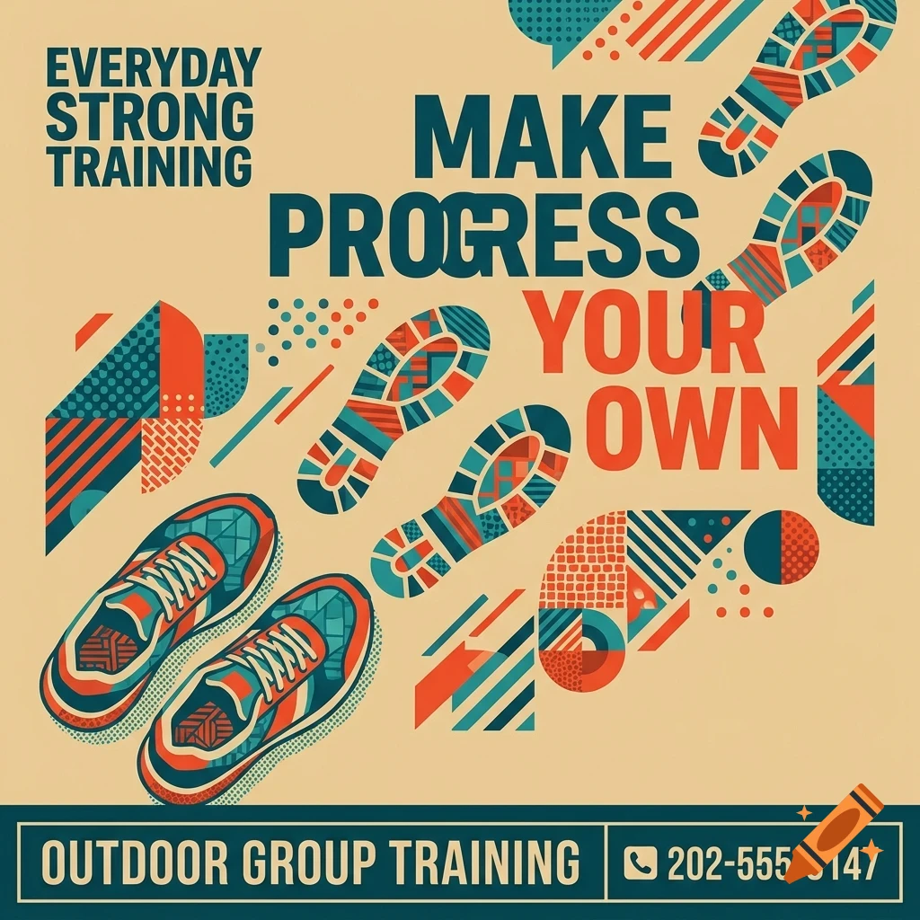 A poster featuring running shoes, footprints, and abstract geometric shapes with the text Everyday Strong Training, Make Progress Your Own, Outdoor Group Training, and a phone number.