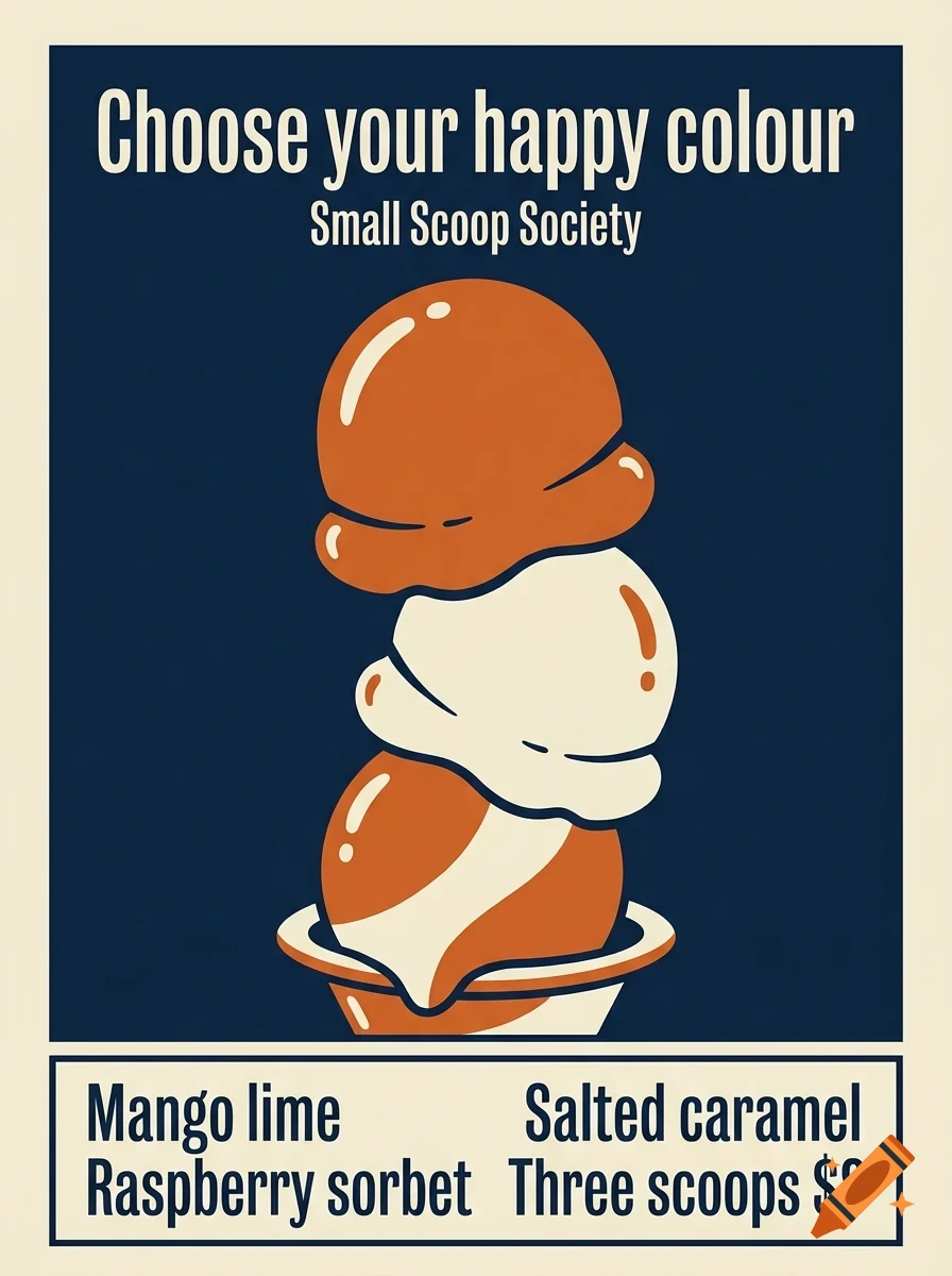 An illustrated poster advertising ice cream with three scoops in a bowl and the text Choose your happy colour.