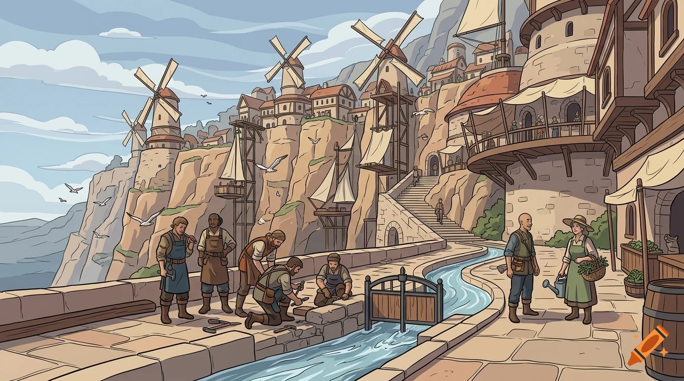 An illustrated coastal cliffside town features stone buildings, windmills, and people working along a stone path with a flowing canal.