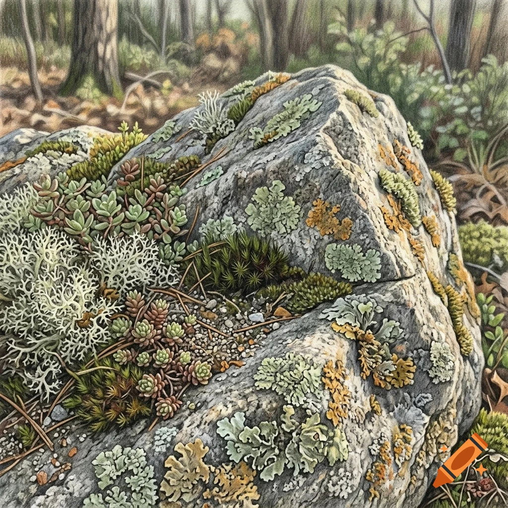 A detailed drawing of a large moss and lichen-covered rock in a forest setting.