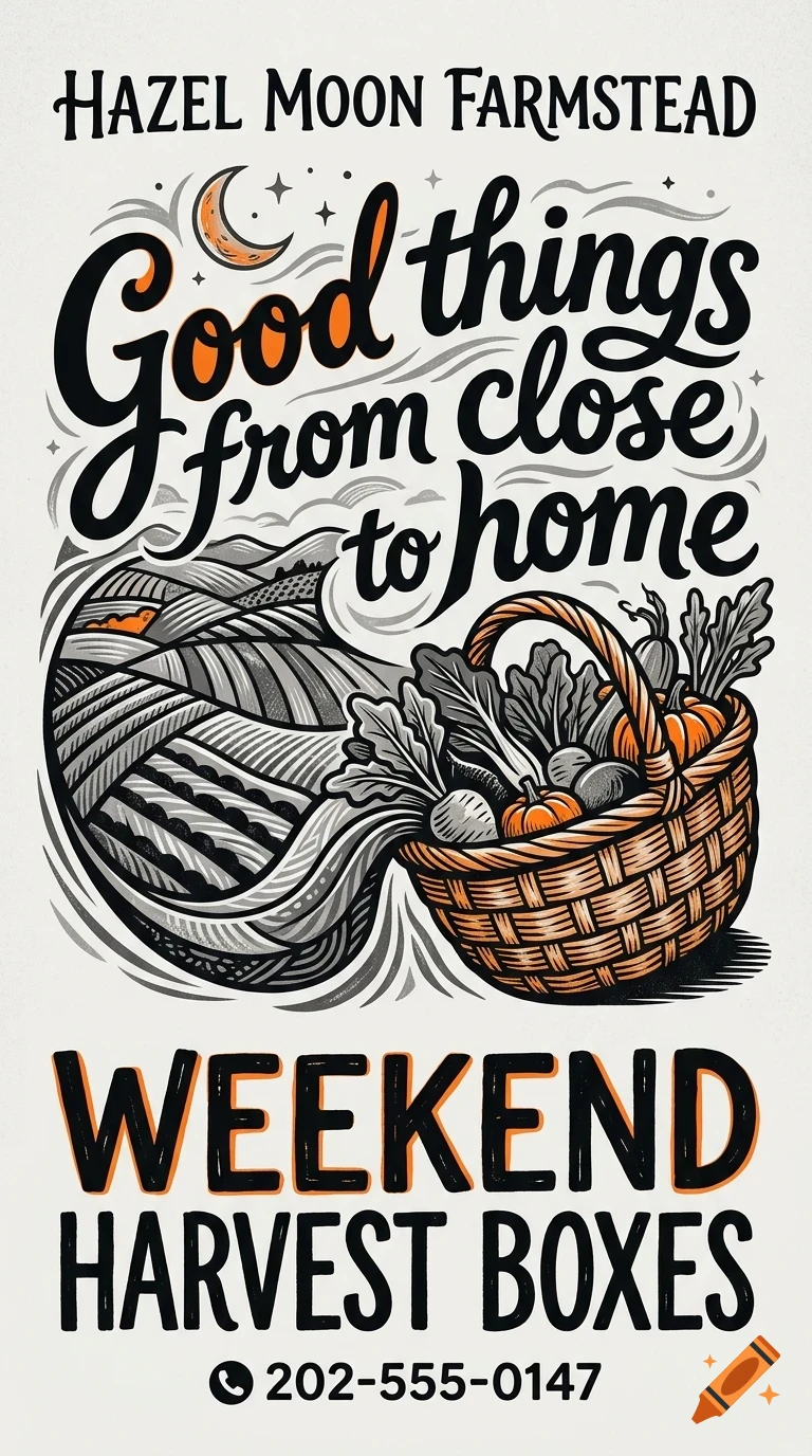 An illustrated poster featuring a basket of freshly harvested vegetables, stylized farm fields, a crescent moon, and bold lettering that reads Hazel Moon Farmstead, Good things from close to home, and Weekend harvest boxes.