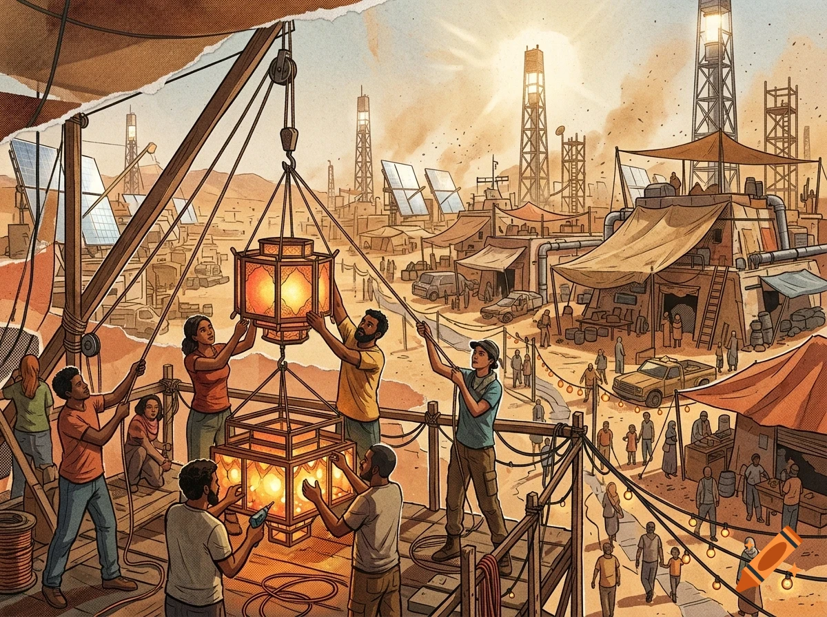 An illustrated scene shows people working together in an arid, industrial settlement to hoist large illuminated lanterns with a pulley system.