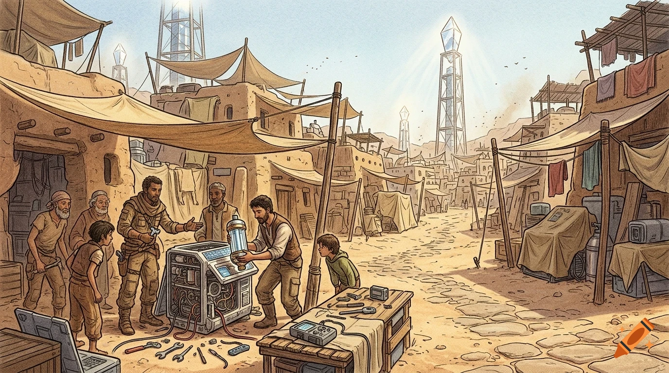 A group of people in a desert settlement working on futuristic technology, with towers glowing in the background.