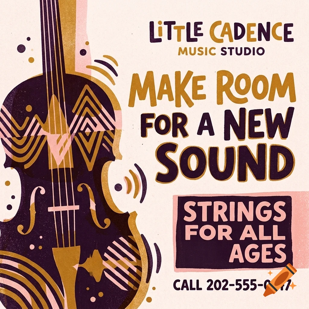 An illustrated poster for Little Cadence Music Studio featuring a stylized string instrument and lettering reading Make Room For A New Sound.