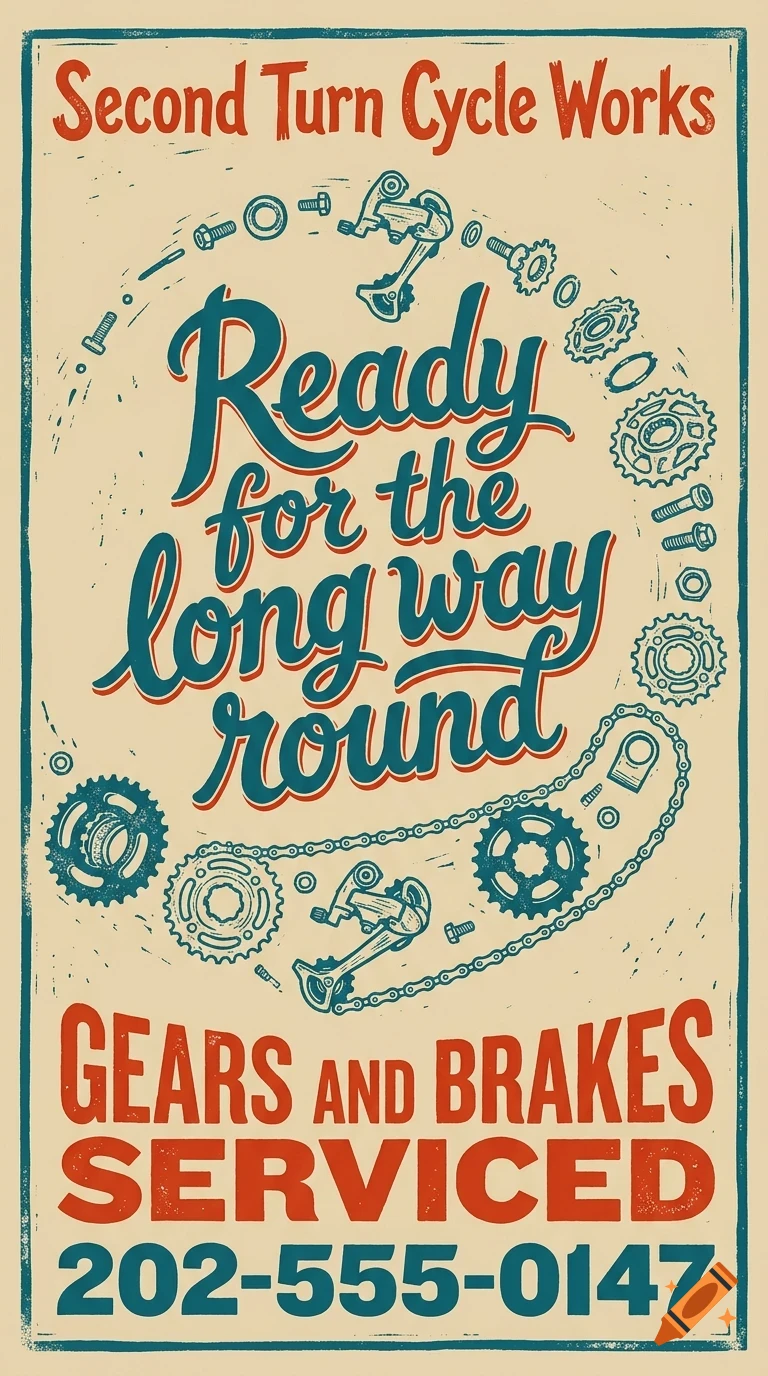 A vintage-style poster for Second Turn Cycle Works featuring bicycle parts, gears, and lettering saying Ready for the long way round.