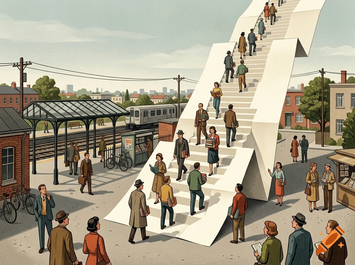 An illustration of many people walking up a giant zigzagging staircase made of paper in a city setting near a train station.