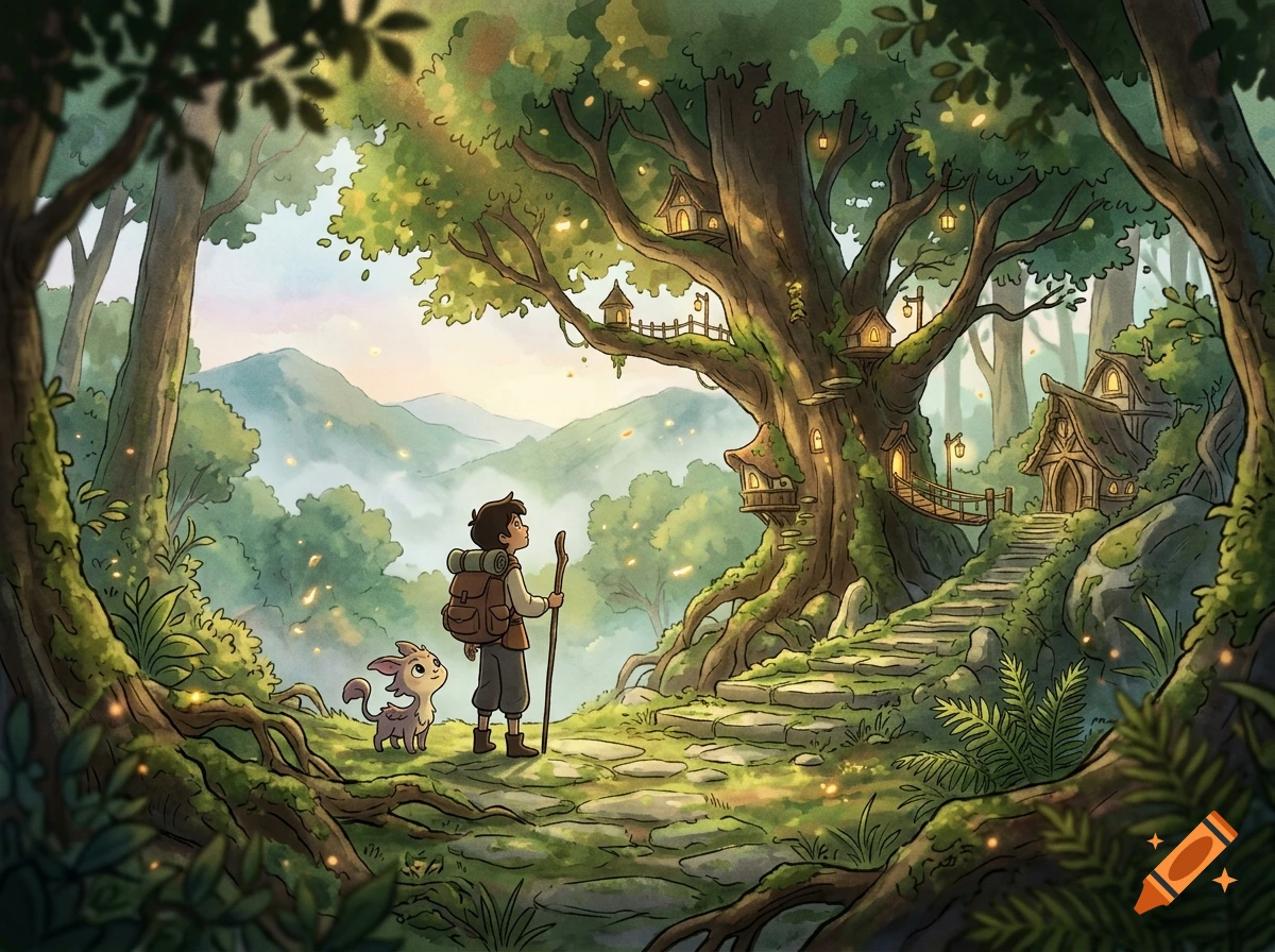 Watercolor illustration of a young traveler with a backpack and pet exploring a lush forest with treehouse architecture.