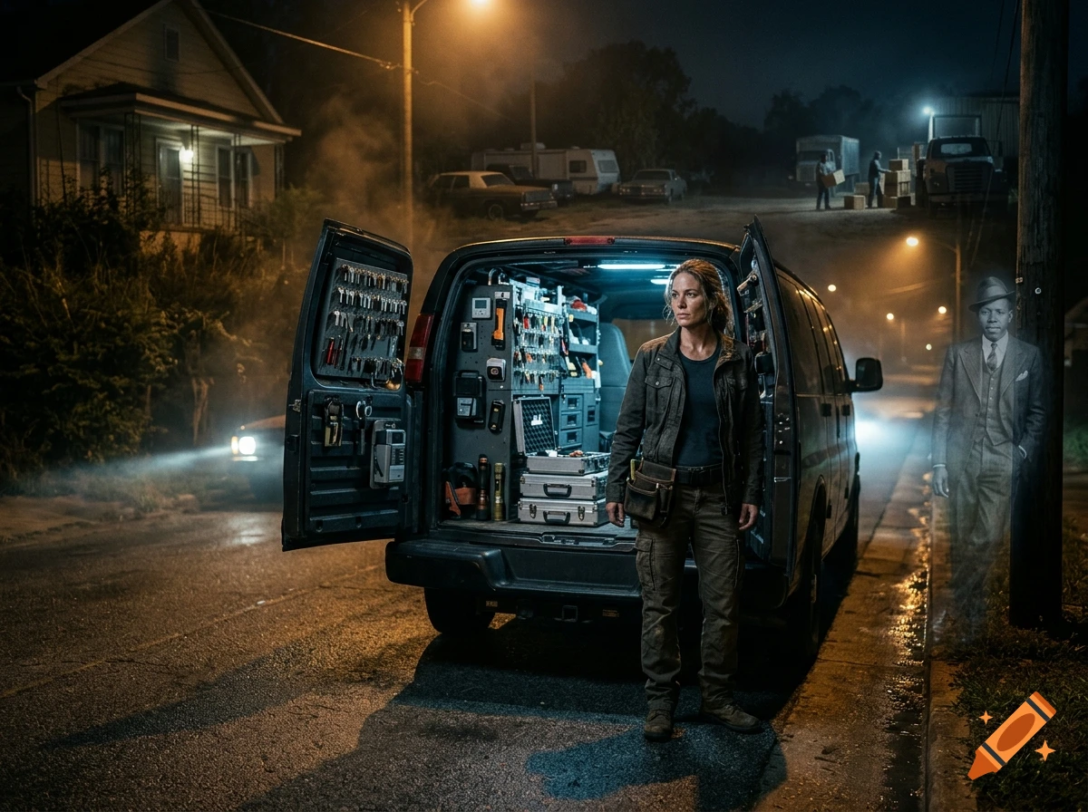 Photorealistic nighttime scene of a female locksmith standing by her open van with tool shelves, a ghostly man stands nearby on the sidewalk.