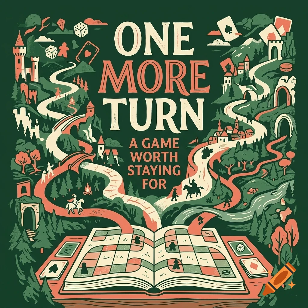An illustrated book poster featuring board game elements, winding paths, castles, and the text ONE MORE TURN A GAME WORTH STAYING FOR.