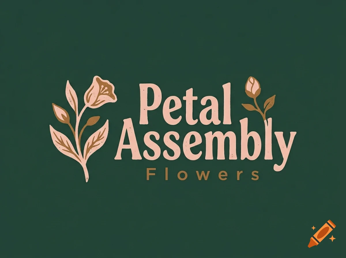 A logo design featuring the text Petal Assembly Flowers flanked by illustrated botanical flower stems on a dark green background.