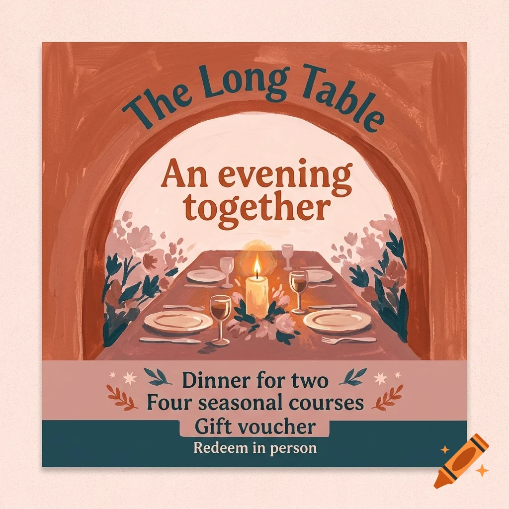 An illustrated gift voucher design for The Long Table featuring a set dinner table with candles and wine glasses.
