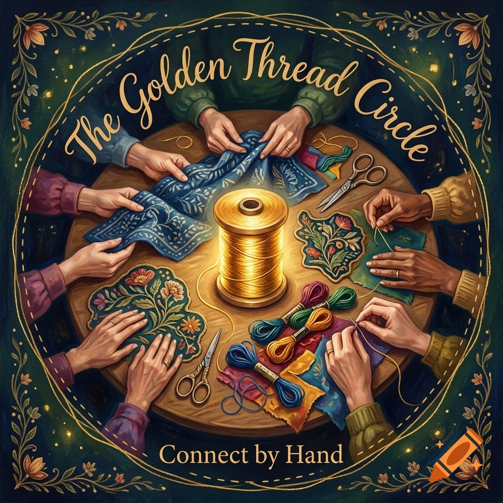 An overhead view of multiple hands gathered around a circular wooden table sewing and embroidering, with a large spool of golden thread in the center, surrounded by text reading The Golden Thread Circle and Connect by Hand.
