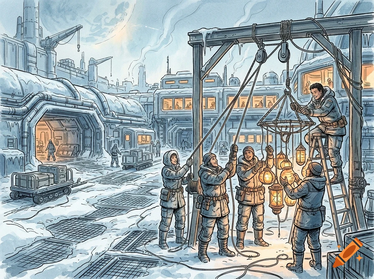 Illustration of people in winter gear working at a snowy industrial sci-fi outpost, hanging lanterns from a wooden crane structure.