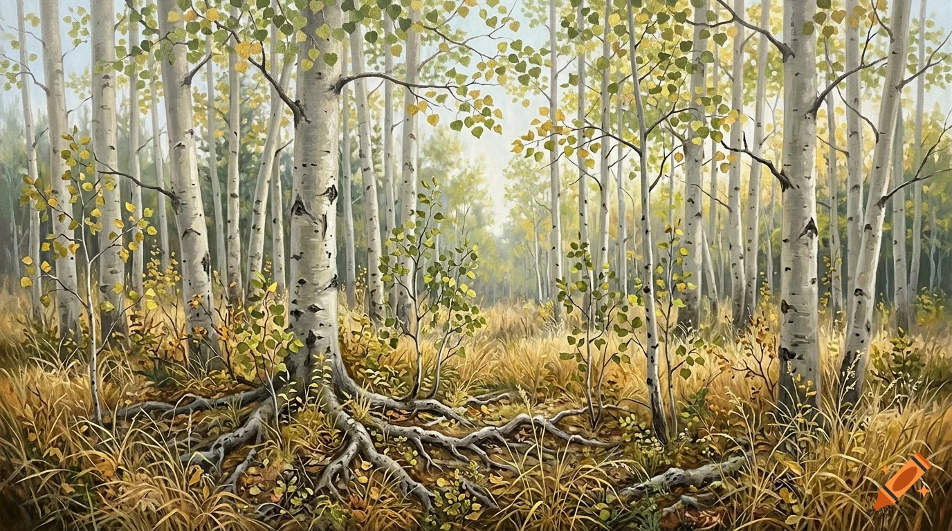 An oil painting of an autumn forest filled with tall white birch trees and golden grass.