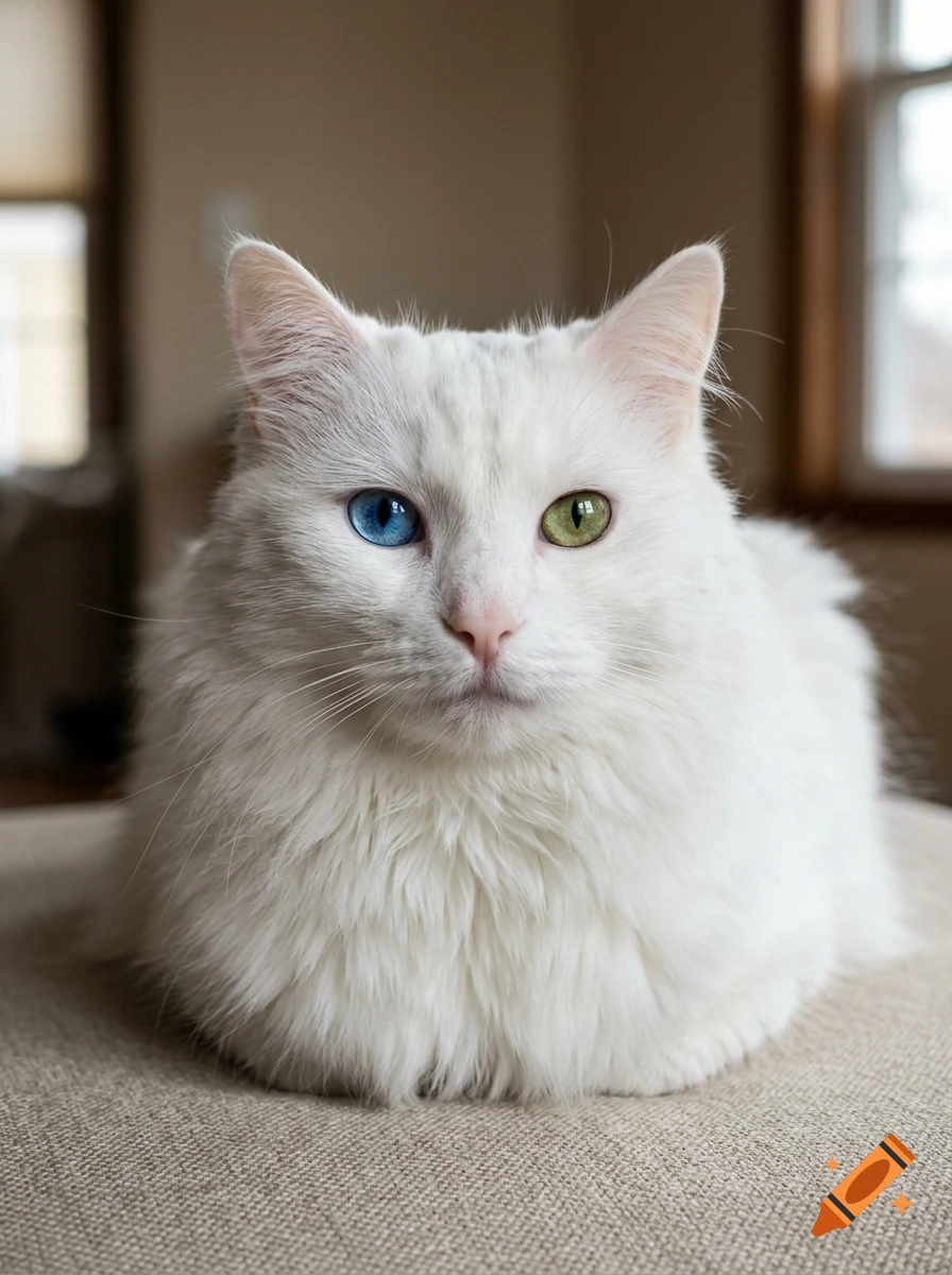 Photorealistic close-up of a white cat with heterochromia, one blue eye and one green eye, sitting on a surface.