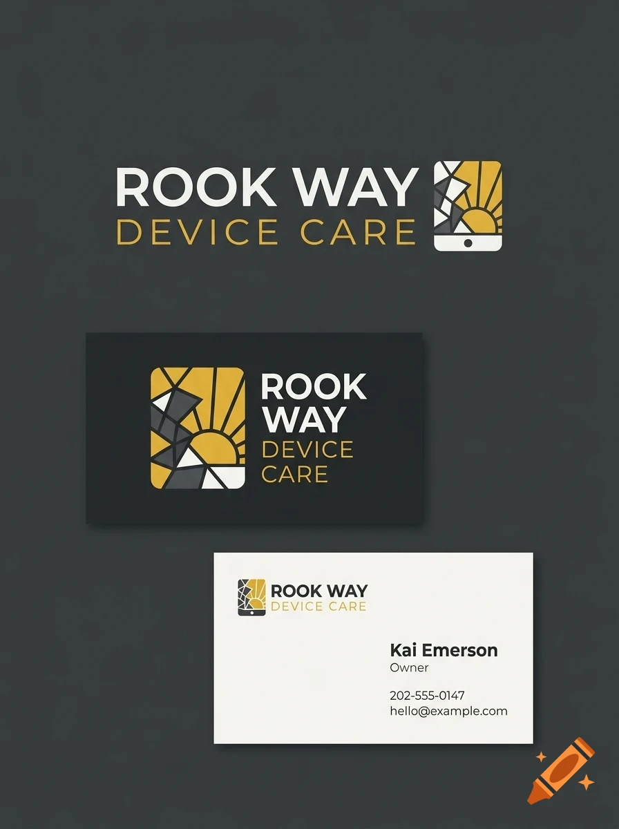 A branding mockup for Rook Way Device Care featuring a stylized sun and geometric phone logo on dark and light backgrounds.