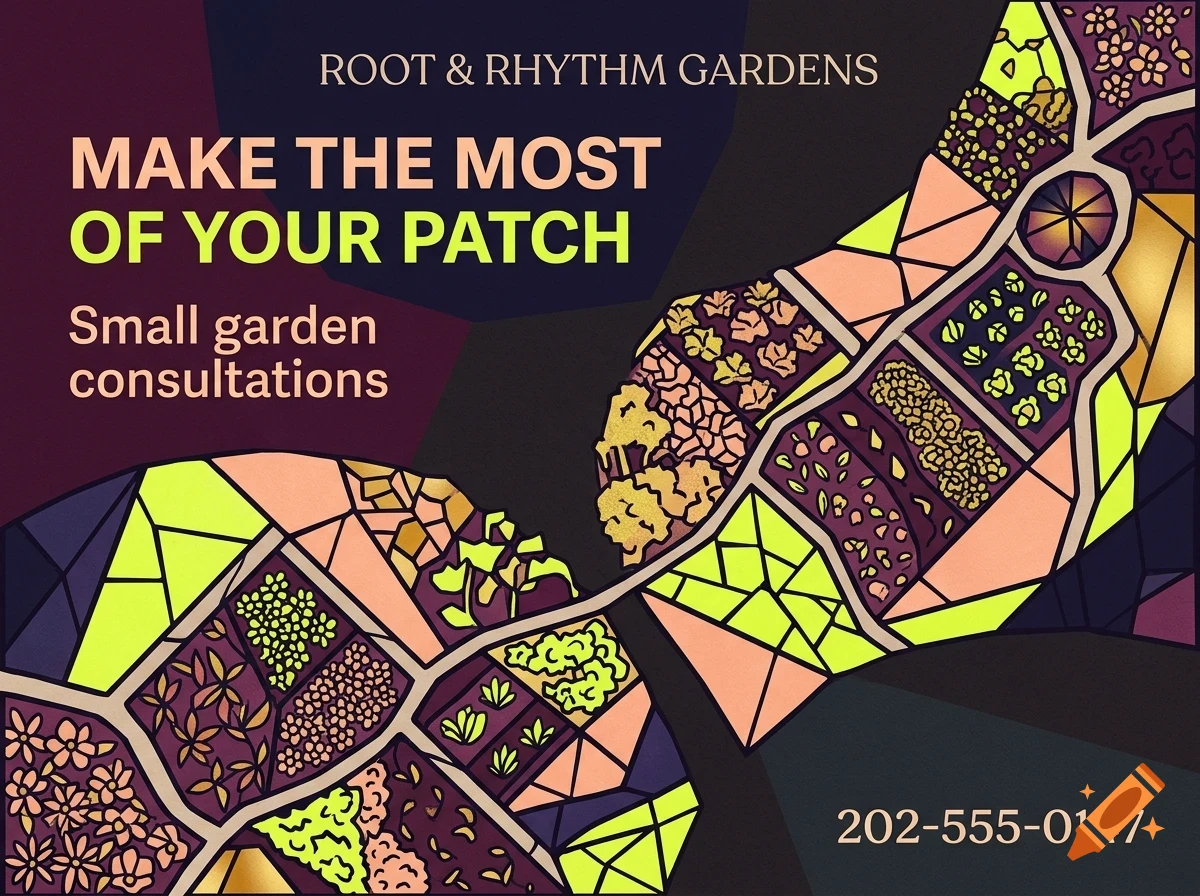An advertisement for Root & Rhythm Gardens featuring a stained-glass style garden layout with text offering small garden consultations.