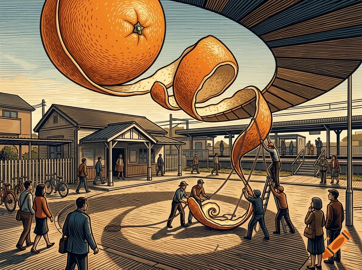 An illustrative image showing workers unpeeling a giant orange above a railway station plaza with pedestrians.