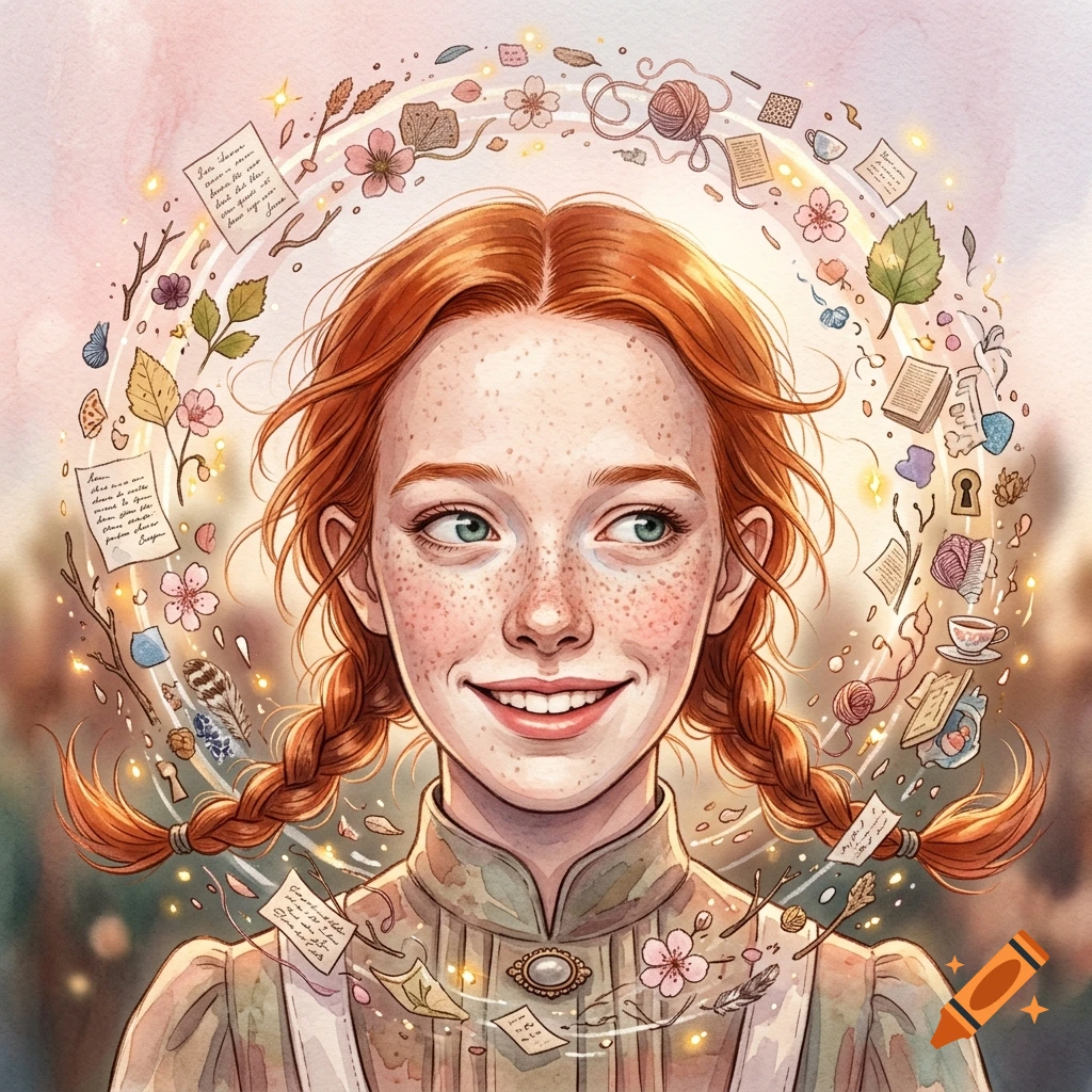 Close-up watercolor and digital portrait of Anne Shirley-Cuthbert with red braids and freckles, surrounded by floating miniature details.