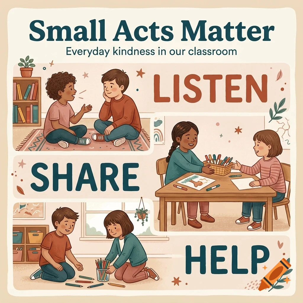 An illustrated poster titled Small Acts Matter featuring children engaged in sharing, listening, and helping in a classroom.