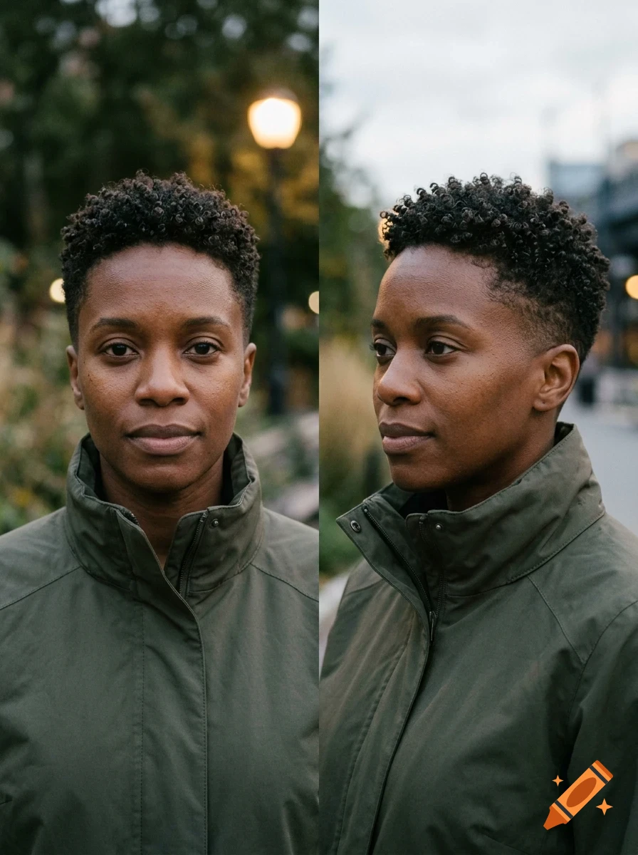 A portrait of a person with short curly hair wearing a green jacket, shown from the front and profile.