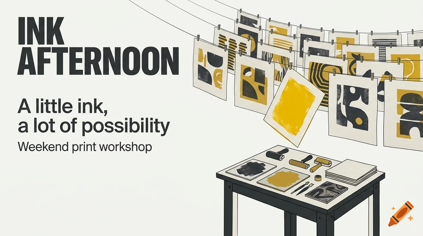An illustration of prints hanging on a clothesline with text reading INK AFTERNOON above printing tools on a table.