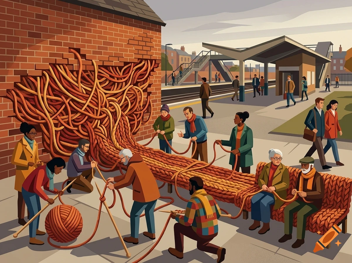 An illustrated outdoor scene where people are knitting giant orange yarn emerging from a brick wall and forming a bench.
