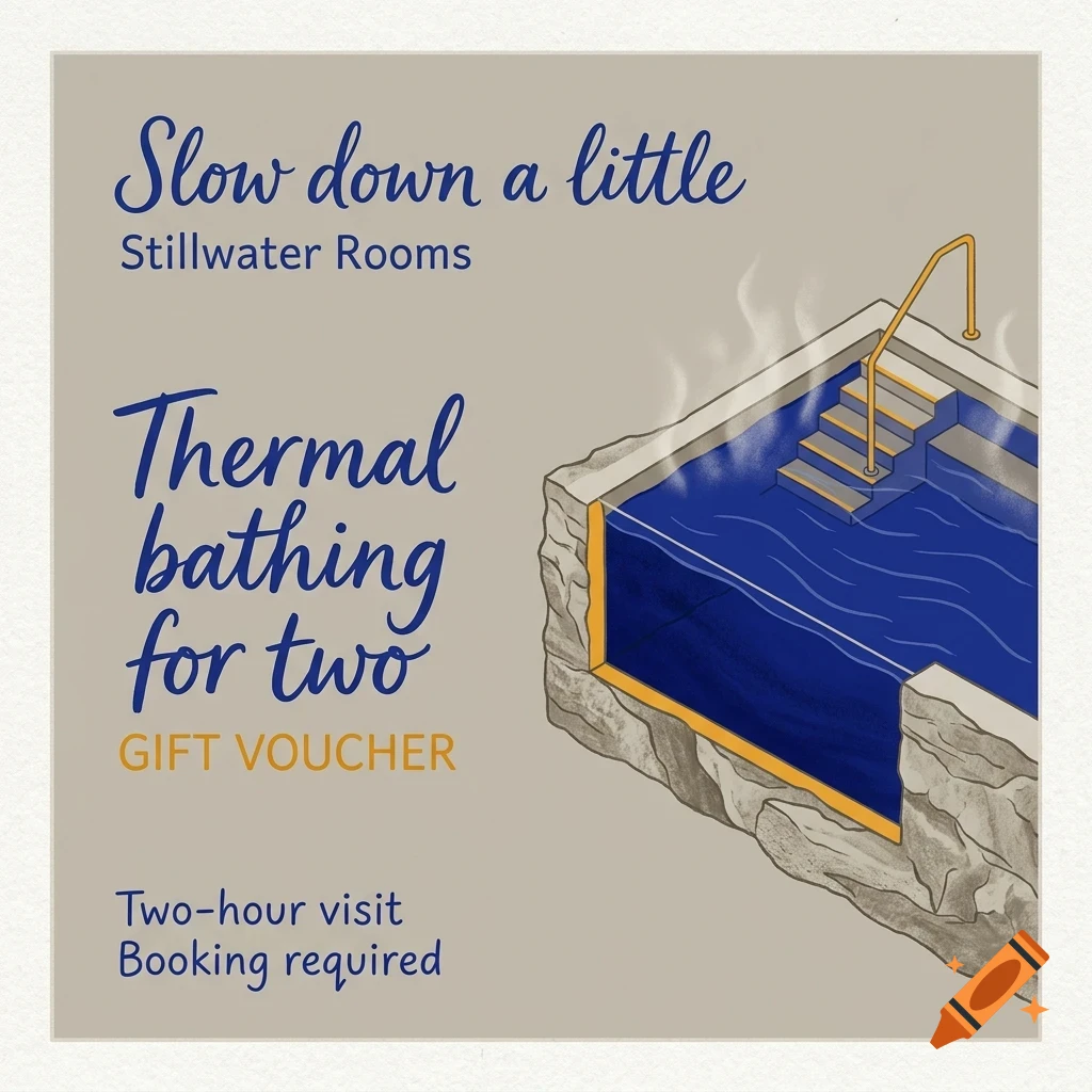 An illustration of a thermal bath with blue water and steam rising, accompanied by text reading 'Slow down a little, Stillwater Rooms, Thermal bathing for two, Gift Voucher'.