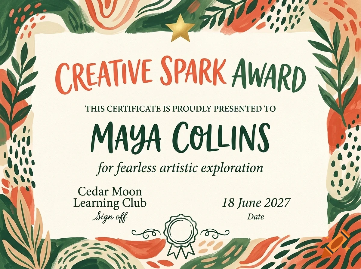 An award certificate featuring abstract painted botanical borders, a gold star, and text reading Creative Spark Award presented to Maya Collins.