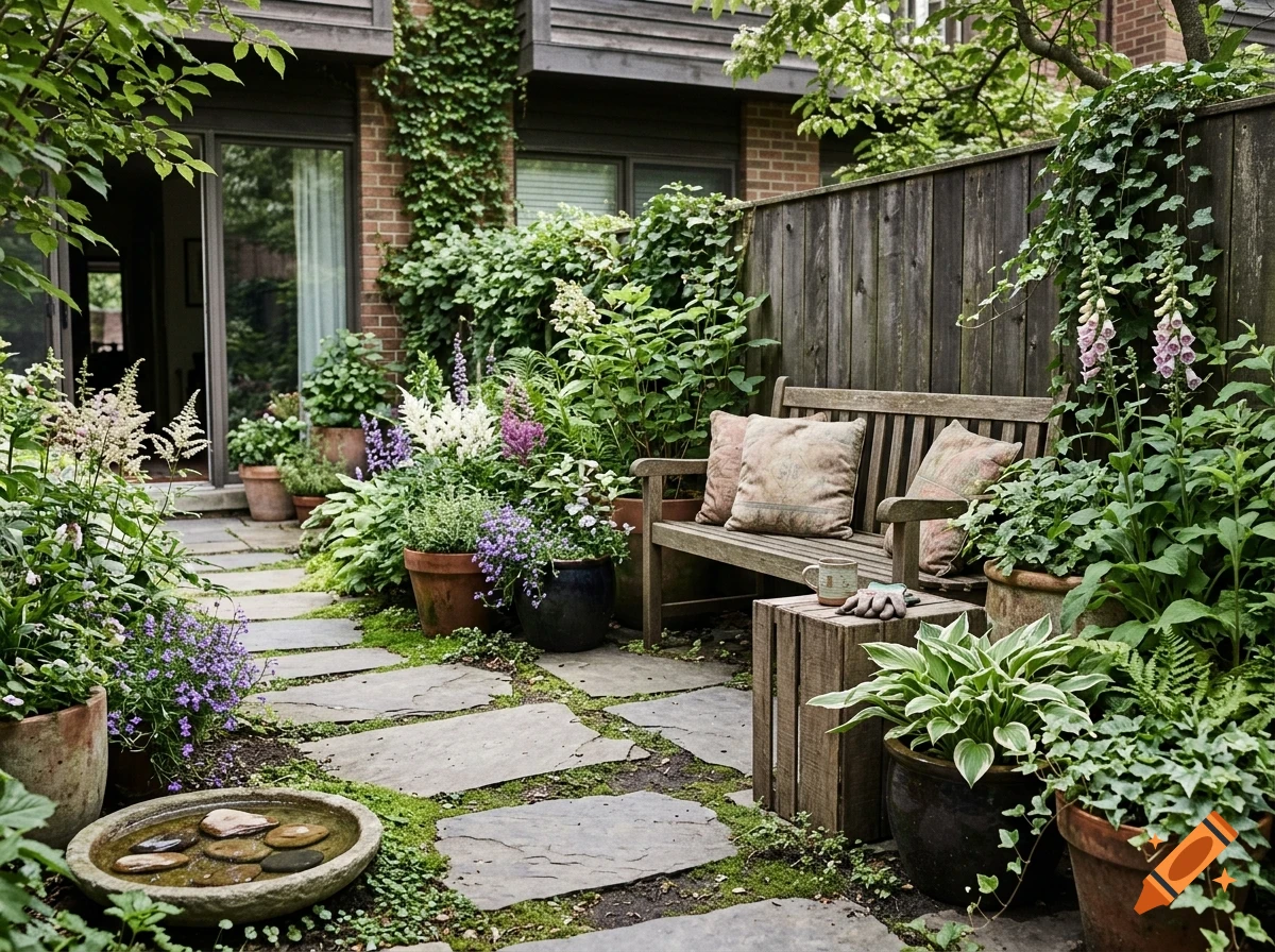 A lush backyard garden with a stone pathway, a wooden bench with pillows, and various potted plants and flowers.